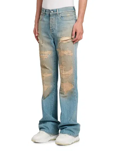 Amiri Men's Repaired Distressed Mid-Rise Bootcut Jeans - Mist Indigo | Thumbnail 4 Amiri Men's Repaired Distressed Mid-Rise Bootcut Jeans - Mist Indigo | Thumbnail 4