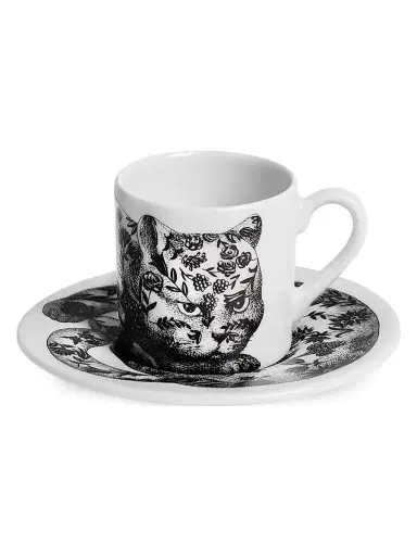 Fornasetti High Fidelity Fiorata Coffee Mug & Saucer - Black White | Thumbnail 1 Fornasetti High Fidelity Fiorata Coffee Mug & Saucer - Black White | Thumbnail 1