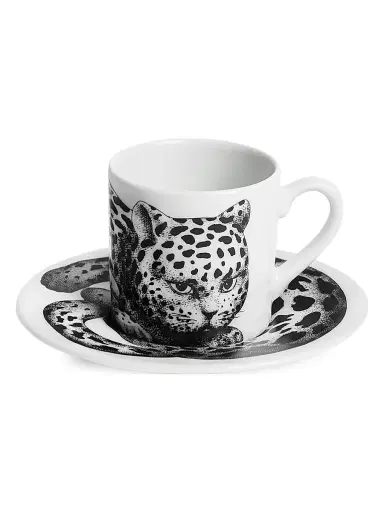 Fornasetti High Fidelity Leopard Print Coffee Mug & Saucer - Black White | Thumbnail 1 Fornasetti High Fidelity Leopard Print Coffee Mug & Saucer - Black White | Thumbnail 1