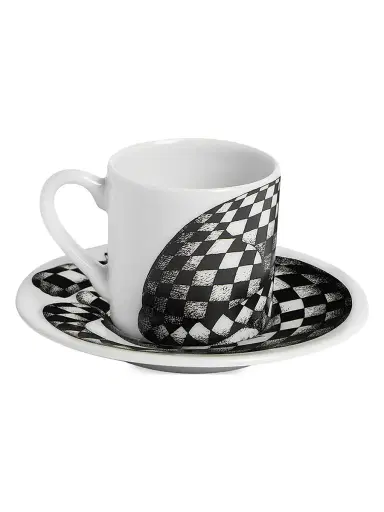 Fornasetti High Fidelity Checkered Coffee Mug & Saucer - Black White | Thumbnail 2 Fornasetti High Fidelity Checkered Coffee Mug & Saucer - Black White | Thumbnail 2