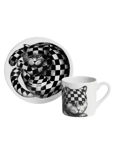Fornasetti High Fidelity Checkered Coffee Mug & Saucer - Black White | Thumbnail 4 Fornasetti High Fidelity Checkered Coffee Mug & Saucer - Black White | Thumbnail 4