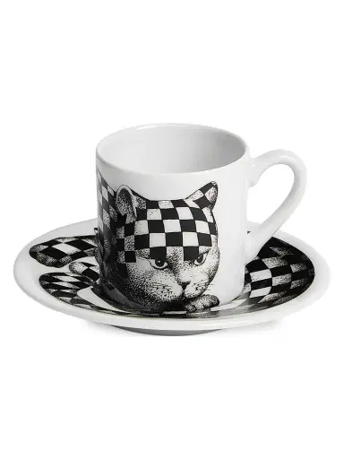 Fornasetti High Fidelity Checkered Coffee Mug & Saucer - Black White | Thumbnail 1 Fornasetti High Fidelity Checkered Coffee Mug & Saucer - Black White | Thumbnail 1