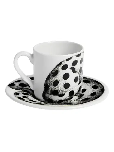 Fornasetti High Fidelity Polka Dot Coffee Mug & Saucer - Black White | Thumbnail 2 Fornasetti High Fidelity Polka Dot Coffee Mug & Saucer - Black White | Thumbnail 2