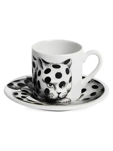 Fornasetti High Fidelity Polka Dot Coffee Mug & Saucer - Black White | Thumbnail 1 Fornasetti High Fidelity Polka Dot Coffee Mug & Saucer - Black White | Thumbnail 1