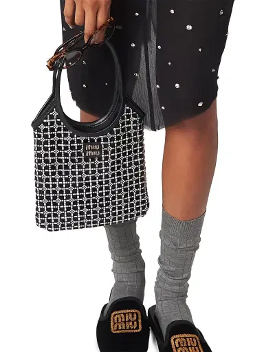 Miu Miu Women's Ivy Satin Top-Handle Bag with Synthetic Crystals - Black | Thumbnail 4 Miu Miu Women's Ivy Satin Top-Handle Bag with Synthetic Crystals - Black | Thumbnail 4