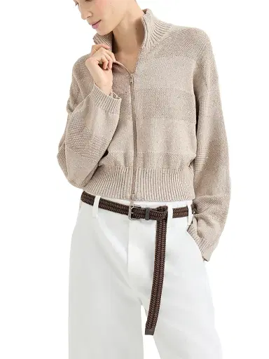 Brunello Cucinelli Women's Textured Stripe Cardigan in Cotton Diamond Yarn | Thumbnail 2 Brunello Cucinelli Women's Textured Stripe Cardigan in Cotton Diamond Yarn | Thumbnail 2