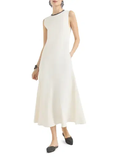Brunello Cucinelli Women's Viscose and Linen Fluid Twill Dress with Precious Collar | Thumbnail 2 Brunello Cucinelli Women's Viscose and Linen Fluid Twill Dress with Precious Collar | Thumbnail 2