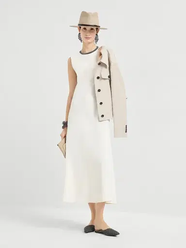 Brunello Cucinelli Women's Viscose and Linen Fluid Twill Dress with Precious Collar | Thumbnail 6 Brunello Cucinelli Women's Viscose and Linen Fluid Twill Dress with Precious Collar | Thumbnail 6