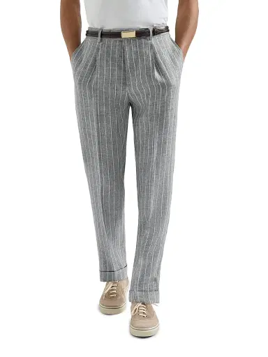 Brunello Cucinelli Men's Chalk Stripe Linen Twill Trousers with Pleats - Medium Grey | Thumbnail 2 Brunello Cucinelli Men's Chalk Stripe Linen Twill Trousers with Pleats - Medium Grey | Thumbnail 2