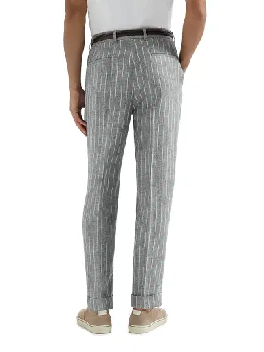 Brunello Cucinelli Men's Chalk Stripe Linen Twill Trousers with Pleats - Medium Grey | Thumbnail 3 Brunello Cucinelli Men's Chalk Stripe Linen Twill Trousers with Pleats - Medium Grey | Thumbnail 3
