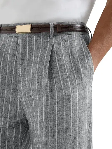 Brunello Cucinelli Men's Chalk Stripe Linen Twill Trousers with Pleats - Medium Grey | Thumbnail 4 Brunello Cucinelli Men's Chalk Stripe Linen Twill Trousers with Pleats - Medium Grey | Thumbnail 4