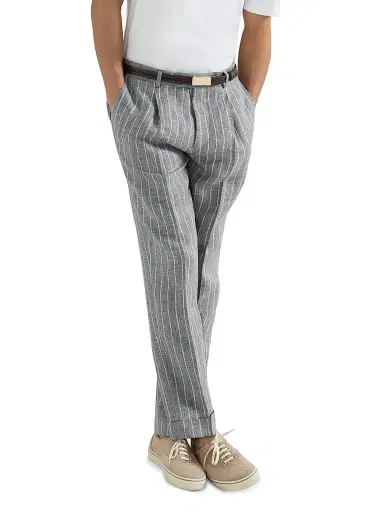 Brunello Cucinelli Men's Chalk Stripe Linen Twill Trousers with Pleats - Medium Grey | Thumbnail 5 Brunello Cucinelli Men's Chalk Stripe Linen Twill Trousers with Pleats - Medium Grey | Thumbnail 5