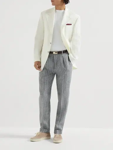Brunello Cucinelli Men's Chalk Stripe Linen Twill Trousers with Pleats - Medium Grey | Thumbnail 6 Brunello Cucinelli Men's Chalk Stripe Linen Twill Trousers with Pleats - Medium Grey | Thumbnail 6
