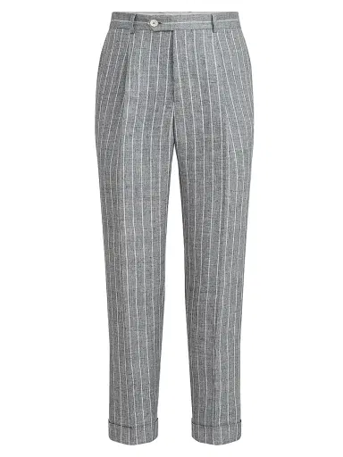 Brunello Cucinelli Men's Chalk Stripe Linen Twill Trousers with Pleats - Medium Grey | Thumbnail 1 Brunello Cucinelli Men's Chalk Stripe Linen Twill Trousers with Pleats - Medium Grey | Thumbnail 1