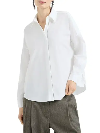 Brunello Cucinelli Women's Stretch Cotton Poplin Shirt with Shiny Trim | Thumbnail 2 Brunello Cucinelli Women's Stretch Cotton Poplin Shirt with Shiny Trim | Thumbnail 2