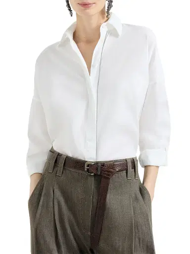 Brunello Cucinelli Women's Stretch Cotton Poplin Shirt with Shiny Trim | Thumbnail 5 Brunello Cucinelli Women's Stretch Cotton Poplin Shirt with Shiny Trim | Thumbnail 5