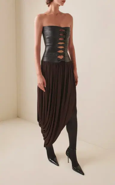 ALAÏA Leather Bustier Draped Midi Dress | Thumbnail 2 ALAÏA Leather Bustier Draped Midi Dress | Thumbnail 2
