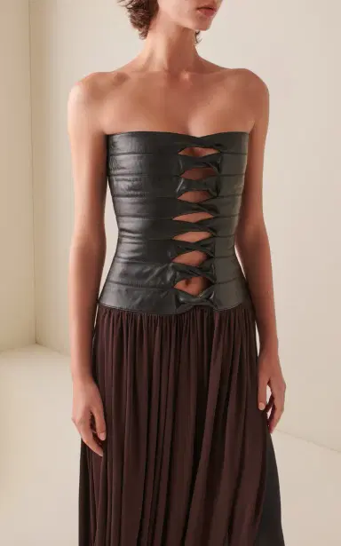 ALAÏA Leather Bustier Draped Midi Dress | Thumbnail 3 ALAÏA Leather Bustier Draped Midi Dress | Thumbnail 3