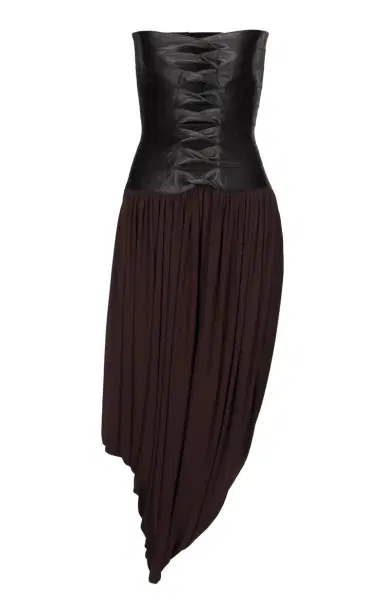 ALAÏA Leather Bustier Draped Midi Dress | Thumbnail 1 ALAÏA Leather Bustier Draped Midi Dress | Thumbnail 1