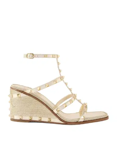 Valentino Garavani Rockstud Metallic Leather Espadrille Wedge Sandals | Thumbnail 1 Valentino Garavani Rockstud Metallic Leather Espadrille Wedge Sandals | Thumbnail 1