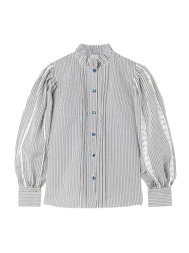 Loretta Caponi Anastasia Lace-trimmed Striped Cotton-blend Blouse | Thumbnail 1 Loretta Caponi Anastasia Lace-trimmed Striped Cotton-blend Blouse | Thumbnail 1