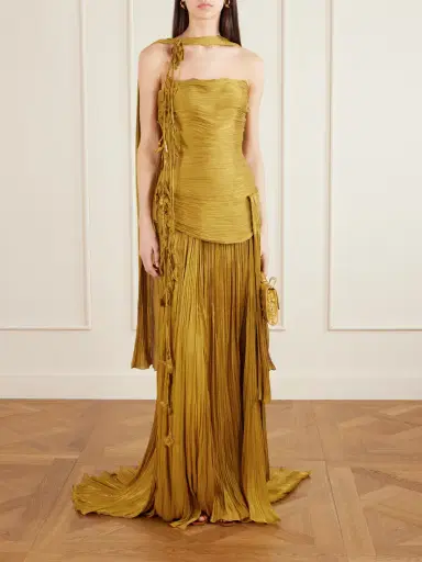 Marmar Halim Strapless Scarf-detailed Metallic Plissé-satin Gown | Thumbnail 2 Marmar Halim Strapless Scarf-detailed Metallic Plissé-satin Gown | Thumbnail 2