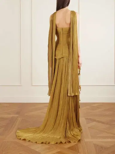 Marmar Halim Strapless Scarf-detailed Metallic Plissé-satin Gown | Thumbnail 3 Marmar Halim Strapless Scarf-detailed Metallic Plissé-satin Gown | Thumbnail 3