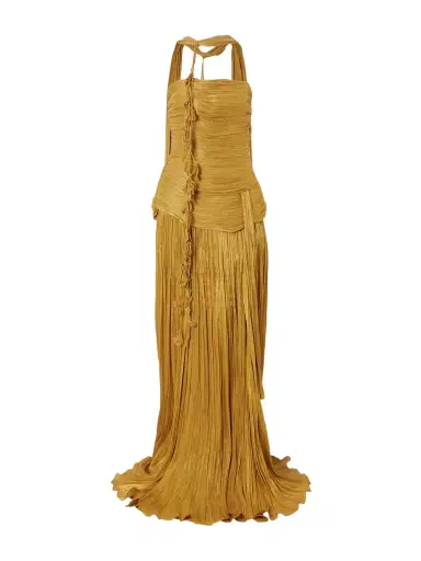 Marmar Halim Strapless Scarf-detailed Metallic Plissé-satin Gown | Thumbnail 1 Marmar Halim Strapless Scarf-detailed Metallic Plissé-satin Gown | Thumbnail 1