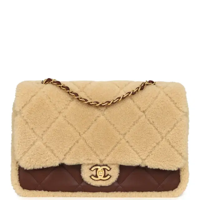 Chanel Large Shearling Flap Bag Dark Brown Lambskin and Beige Shearling Brushed Gold Hardware Chanel Large Shearling Flap Bag Dark Brown Lambskin and Beige Shearling Brushed Gold Hardware