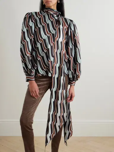 Gucci Tie-detailed Gathered Printed Silk-jacquard Blouse | Thumbnail 3 Gucci Tie-detailed Gathered Printed Silk-jacquard Blouse | Thumbnail 3