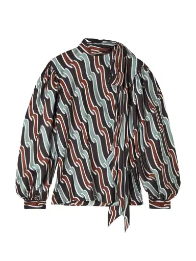 Gucci Tie-detailed Gathered Printed Silk-jacquard Blouse | Thumbnail 1 Gucci Tie-detailed Gathered Printed Silk-jacquard Blouse | Thumbnail 1