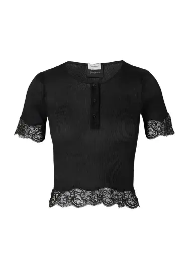 Saint Laurent Scalloped Lace-trimmed Ribbed Jersey Henley Top | Thumbnail 1 Saint Laurent Scalloped Lace-trimmed Ribbed Jersey Henley Top | Thumbnail 1