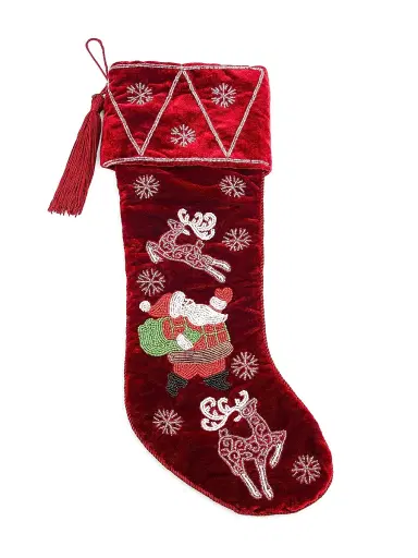 Sudha Pennathur Beaded Deer & Santa Stocking | Thumbnail 1 Sudha Pennathur Beaded Deer & Santa Stocking | Thumbnail 1