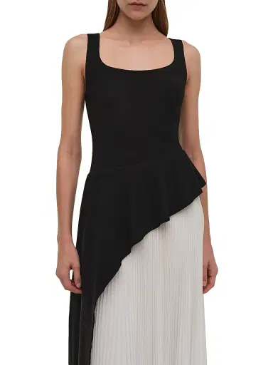 SIMKHAI Women's Zayla Asymmetric Peplum Pleated Midi-Dress - Black Multi | Thumbnail 4 SIMKHAI Women's Zayla Asymmetric Peplum Pleated Midi-Dress - Black Multi | Thumbnail 4