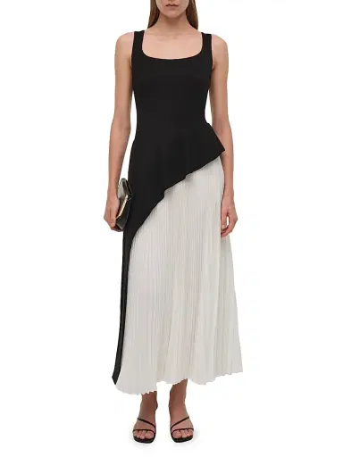 SIMKHAI Women's Zayla Asymmetric Peplum Pleated Midi-Dress - Black Multi | Thumbnail 5 SIMKHAI Women's Zayla Asymmetric Peplum Pleated Midi-Dress - Black Multi | Thumbnail 5