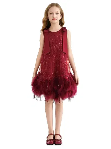 Tulleen Little Girl's & Girl's Sequin Feather Dress - Red | Thumbnail 3 Tulleen Little Girl's & Girl's Sequin Feather Dress - Red | Thumbnail 3