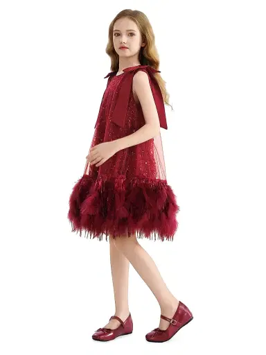 Tulleen Little Girl's & Girl's Sequin Feather Dress - Red | Thumbnail 4 Tulleen Little Girl's & Girl's Sequin Feather Dress - Red | Thumbnail 4