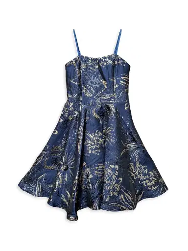 Un Deux Trois Girl's Floral Jacquard Dress - Navy - Size 16 | Thumbnail 1 Un Deux Trois Girl's Floral Jacquard Dress - Navy - Size 16 | Thumbnail 1