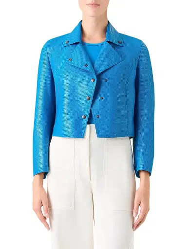 Akris punto Women's Pin Dot Leather Cropped Motorbike Jacket - Cobalt Blue | Thumbnail 3 Akris punto Women's Pin Dot Leather Cropped Motorbike Jacket - Cobalt Blue | Thumbnail 3