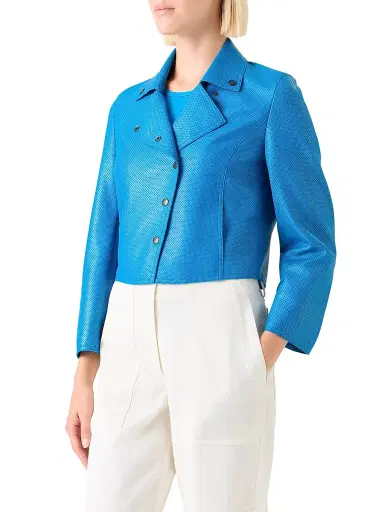 Akris punto Women's Pin Dot Leather Cropped Motorbike Jacket - Cobalt Blue | Thumbnail 4 Akris punto Women's Pin Dot Leather Cropped Motorbike Jacket - Cobalt Blue | Thumbnail 4