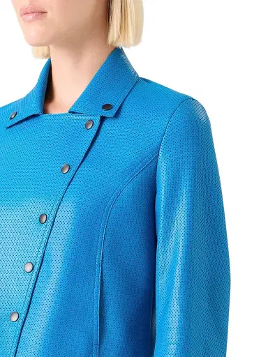 Akris punto Women's Pin Dot Leather Cropped Motorbike Jacket - Cobalt Blue | Thumbnail 6 Akris punto Women's Pin Dot Leather Cropped Motorbike Jacket - Cobalt Blue | Thumbnail 6