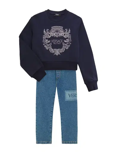 Versace Little Girl's & Girl's Rhinestone Logo Crest Fleece Sweatshirt - Navy Silver - Size 8 | Thumbnail 2 Versace Little Girl's & Girl's Rhinestone Logo Crest Fleece Sweatshirt - Navy Silver - Size 8 | Thumbnail 2
