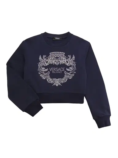 Versace Little Girl's & Girl's Rhinestone Logo Crest Fleece Sweatshirt - Navy Silver - Size 8 | Thumbnail 1 Versace Little Girl's & Girl's Rhinestone Logo Crest Fleece Sweatshirt - Navy Silver - Size 8 | Thumbnail 1