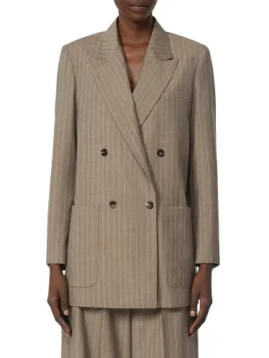 Max Mara Women's Oversized Pinstripe Woollen Cloth Blazer - Hazelnut Brown - Size 12 | Thumbnail 2 Max Mara Women's Oversized Pinstripe Woollen Cloth Blazer - Hazelnut Brown - Size 12 | Thumbnail 2