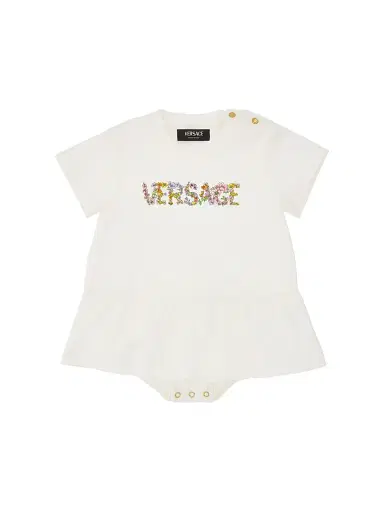 Versace Baby Girl's Bloom Logo Jersey Romper - White 18 Months | Thumbnail 1 Versace Baby Girl's Bloom Logo Jersey Romper - White 18 Months | Thumbnail 1