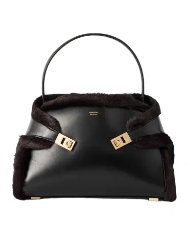 Ferragamo Hug Shearling-trimmed Leather Shoulder Bag | Thumbnail 1 Ferragamo Hug Shearling-trimmed Leather Shoulder Bag | Thumbnail 1