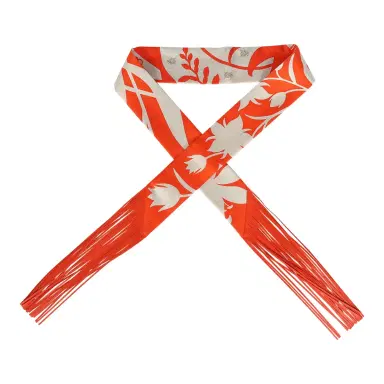 HERMÈS Hermes "Bouquet Final" Gris Perle and Vermillon Fringe Silk Twilly | Thumbnail 1 HERMÈS Hermes "Bouquet Final" Gris Perle and Vermillon Fringe Silk Twilly | Thumbnail 1