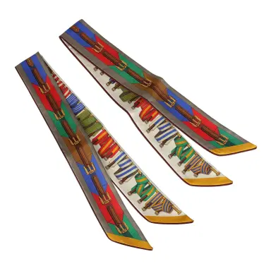 HERMÈS Hermes "Les Sangles" Forever Vert, Miel and Rouge Multi Silk Twilly Pair | Thumbnail 4 HERMÈS Hermes "Les Sangles" Forever Vert, Miel and Rouge Multi Silk Twilly Pair | Thumbnail 4