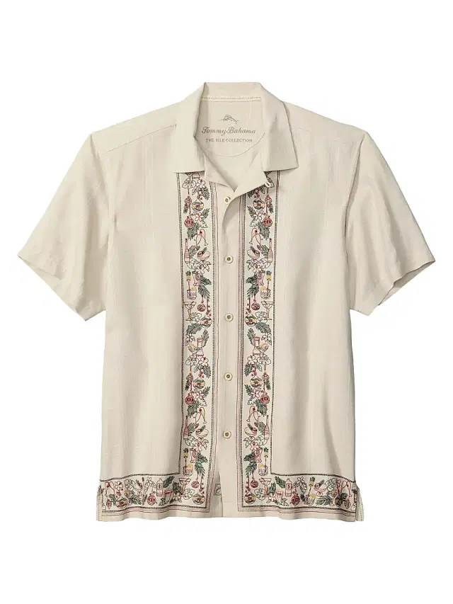 Men's Holiday in Paradise Embroidered Silk Shirt - Moonbeam Men's Holiday in Paradise Embroidered Silk Shirt - Moonbeam