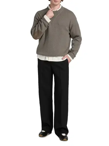 FRAME Men's Suede Elbow-Patch Wool-Cashmere Crewneck Sweater - Light Taupe | Thumbnail 2 FRAME Men's Suede Elbow-Patch Wool-Cashmere Crewneck Sweater - Light Taupe | Thumbnail 2
